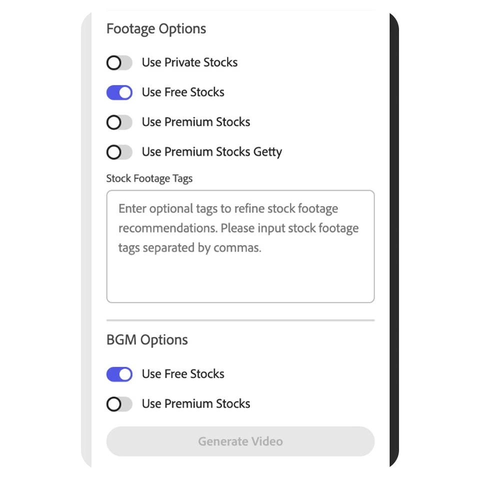 Visla Adobe Express integration: Customizing the video with stock footage, subtitles, and audio adjustments.